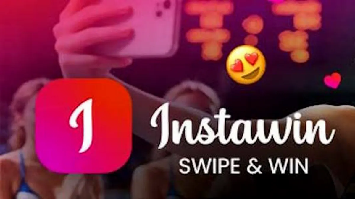 Isang makabagong interface ng Instawin na nagpapakita ng swipe-based postcard mechanic.