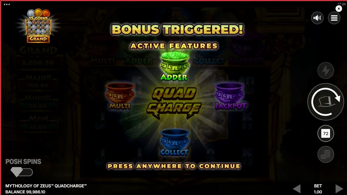 Mythology of Zeus QUADCHARGE slot machine interface
